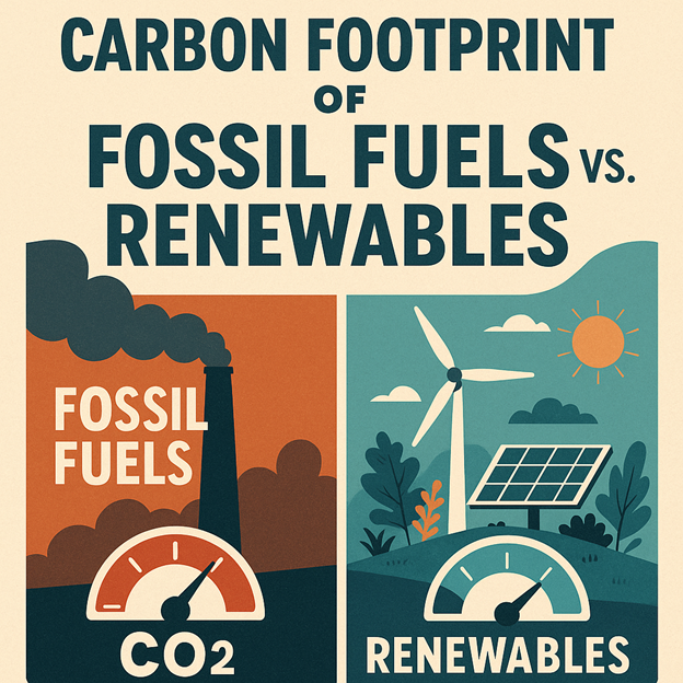 Imagen dividida en la que se compara la huella de carbono: a la izquierda, los combustibles fósiles, con humo y mucho CO2; a la derecha, las energías renovables: eólica, solar, solar y un medidor de CO2 bajo. El texto dice Carbon Footprint of Fossil Fuels vs. Renewables.