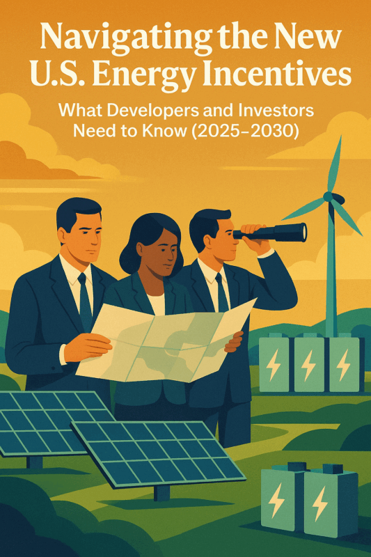 Tres empresarios de pie en un paisaje verde con paneles solares, baterías y una turbina eólica. Uno sostiene un mapa, otro mira hacia delante con prismáticos. El texto de arriba dice: "Navegando por los nuevos incentivos energéticos de EE.UU. (2025-2030)".